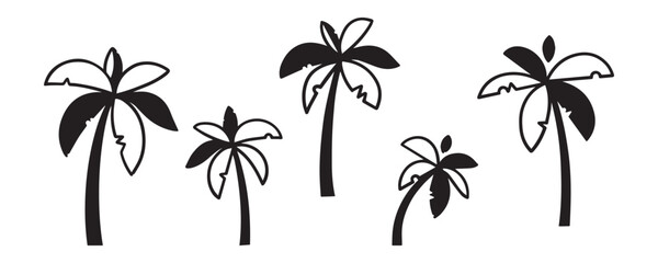 Set of hand-drawn palm tree, tropical, summer elements, vector flat illustration isolated on white background.