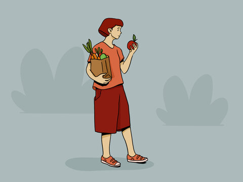 Cartoon woman with grocery bag in hand