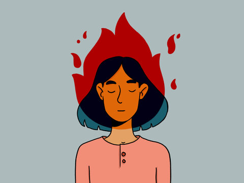 Cartoon woman with head in flame