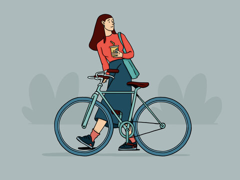 Cartoon female with coffee and bike