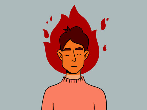 Calm male character with burning head