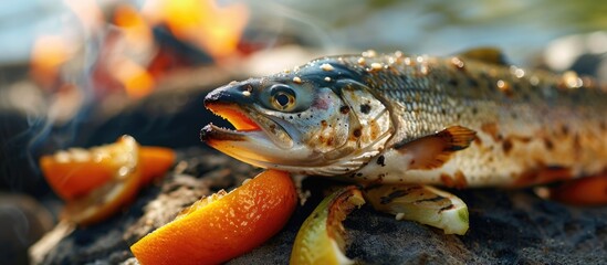 A fish sits atop a pile of food, likely preparing to enjoy a tasty barbecue meal in an outdoor setting. The fish appears to be in a natural habitat, surrounded by various food items.