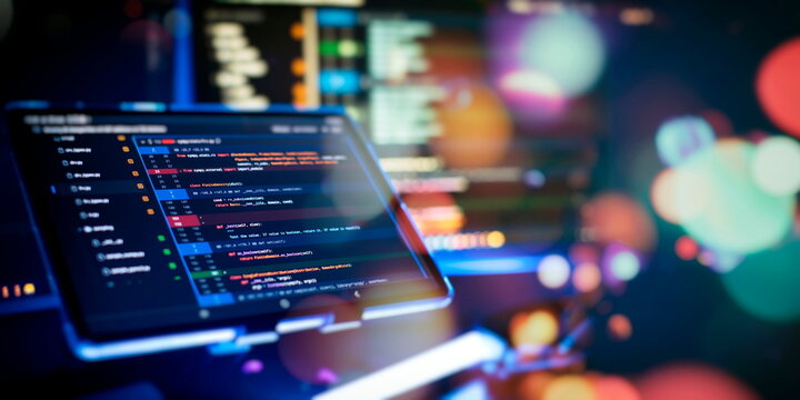 Professional Development programmer working background. Coding technologies working in software company office