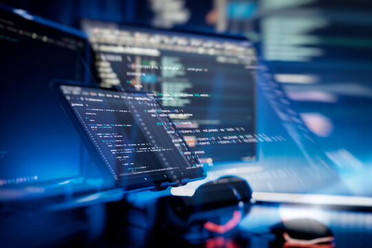 Professional Development programmer working background. Coding technologies working in software company office