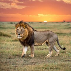 Majestic lion walks on the savannah at sunset