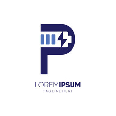 Letter P Battery Logo Design Vector Icon Graphic Emblem Illustration - obrazy, fototapety, plakaty