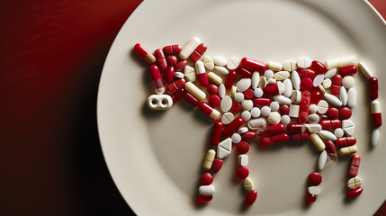Cow made of pills and antibiotics, on a plate, conceptual background. Antibiotics In Animal Feeds, industrial farming. Use of Antibiotics in Dairy Cows