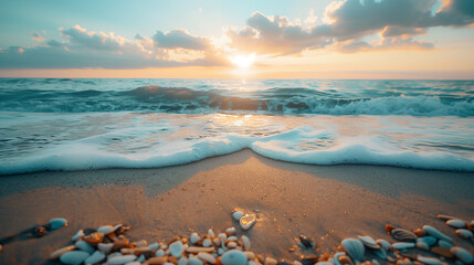 Sunset on the beach with sea waves and pebbles.