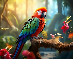 Beautiful macaw parrot sitting on the branch in the jungle