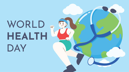 World health day concept, 7 April, background vector. Hand drawn comic doodle style of people working out, exercise, earth, stethoscope. Design for web, banner, campaign, social media post.