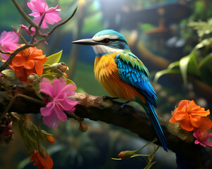 Colorful bird on branch with flowers in the garden. 3D illustration.