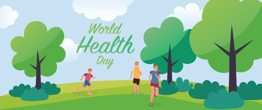 World health day concept, 7 April, background vector. Hand drawn comic doodle style of people working out, exercise. Design for web, banner, campaign, social media post.