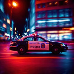 Fototapeta na wymiar Police car high speed chase, long exposure dynamic motion with light streak