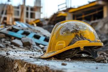 Old yellow hard hat at construction site. Neural network generated image. Not based on any actual scene or pattern.