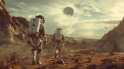 Two Astronauts explore Mars. 2 Spacemen wear helmet suit. Cosmonauts discover new place. Nasa cosmos journey. Whole galaxy trip concept. Explorer mission. Open galactic atmosphere. White spacesuit. © Ellionn