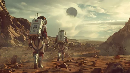 Poster Two Astronauts explore Mars. 2 Spacemen wear helmet suit. Cosmonauts discover new place. Nasa cosmos journey. Whole galaxy trip concept. Explorer mission. Open galactic atmosphere. White spacesuit. © Ellionn