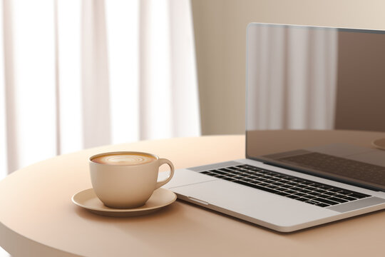 A laptop computer and cup of coffee on top of a wooden table - Powered by Adobe