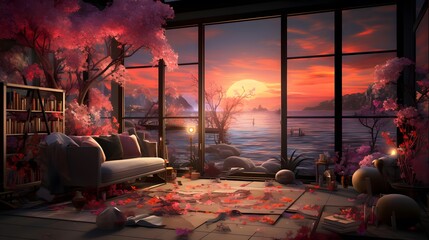 3d render of a modern living room with a beautiful view of the sea