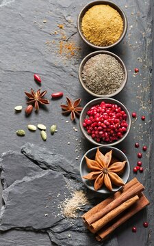 Spices for baking. Spicy on the stone black background