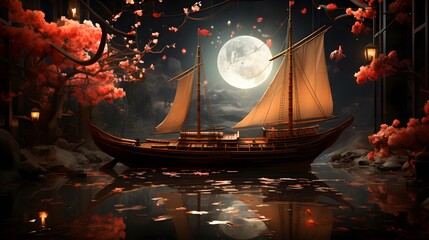 3D illustration of a ship sailing on the lake with full moon