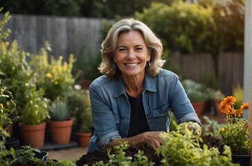 Happy senior woman taking care of her plants while looking at camera in her backyard garden. Kitchen gardening concept.