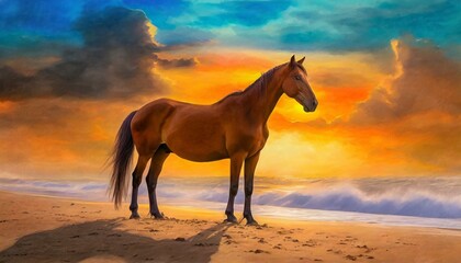 horse in the field, A brown horse standing on top of a sandy beach under a cloudy blue and orange sky with a sunset, Ai Generate