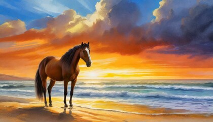 Obraz na płótnie Canvas sunset in the desert, A brown horse standing on top of a sandy beach under a cloudy blue and orange sky with a sunset, Ai Generate