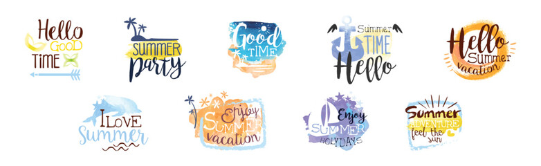 Summer Vacation Promo Sign and Label Colorful Vector Set