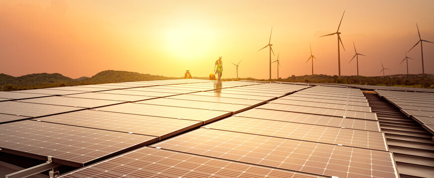 Installing solar panels and wind farms - wind-powered electrical generators, new technology for Renewable energy clean and good environmentally. panoramic banner.