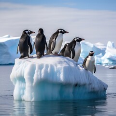 A group of penguins on an iceberg. Emperor penguins with chick. Ai generated