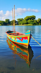 Fototapeta na wymiar Pristine Waters: A Traditional bk Boat Anchored on a Serene Lake with the Horizon Fringed by Tranquil Shores