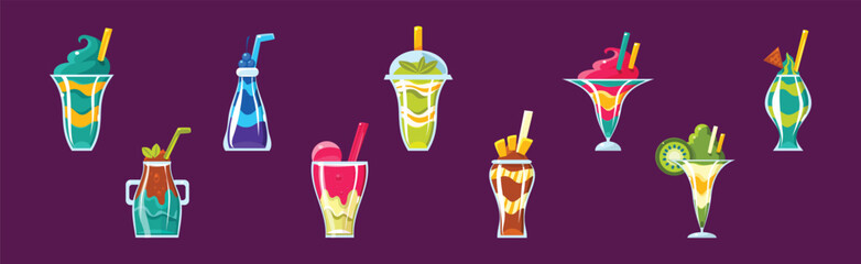Creamy Dessert with Straw and Glass Vector Set