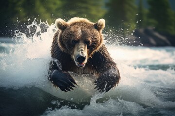 Fototapeta premium A powerful bear fishing for salmon in a wild river. brown bear catching a fish in the river in alaska, Ai generated