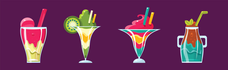 Creamy Dessert with Straw and Glass Vector Set