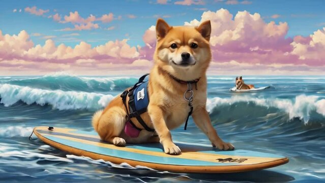 Akito inu on surf board in sea