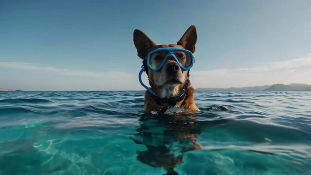Dog  with snorkeling  mask in ocean 