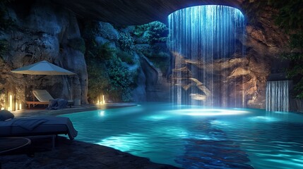 Evening elegance in a picturesque pool scene, where underwater lighting creates a captivating ambiance in this luxurious outdoor retreat