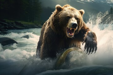 A powerful bear fishing for salmon in a wild river. coastal brown grizzly bears fishing, national park, Ai generated - obrazy, fototapety, plakaty