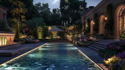 Evening enchantment in a detailed shot of an upscale pool, featuring ambient lighting and surrounded by meticulously landscaped gardens