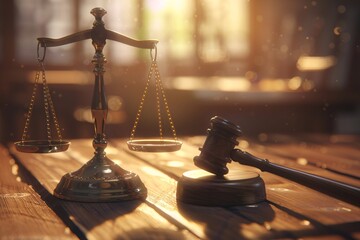 a scale and gavel on a table - obrazy, fototapety, plakaty
