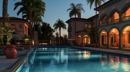 Fototapeta na wymiar Evening enchantment unfolds in an HD image of a luxurious pool, where the warm glow of outdoor lighting enhances the opulence of the surroundings
