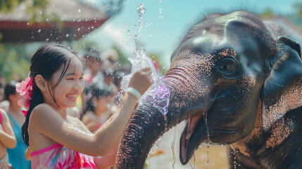 Girl with traditional costume and elephant in Songkran festival at Thailand - obrazy, fototapety, plakaty