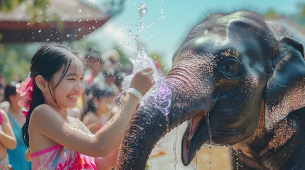 Fototapeten Girl with traditional costume and elephant in Songkran festival at Thailand © May