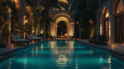 Evening opulence in a detailed image of a lavish pool surrounded by illuminated palm trees, creating a tranquil and upscale outdoor retreat