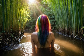 A woman with rainbow hair, backview, bathing in a small pond, deep in a dense thick bamboo forest....
