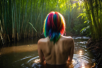 A woman with rainbow hair, backview, bathing in a small pond, deep in a dense thick bamboo forest....
