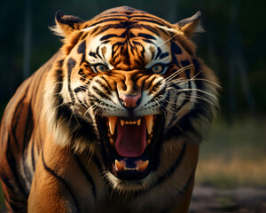 Obraz premium Portrait of a tiger with open mouth in the dark forest.