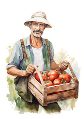 Watercolor sketch of man farmer holding a box of ripe tomatoes in his hands - 751231634