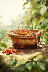 Basket with ripe coffee berries stands on ground on plantation of coffee plants - 751231663