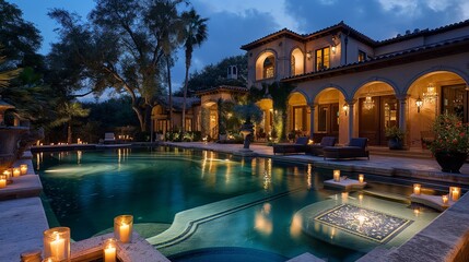 Evening tranquility captured in a high-definition image of a lavish pool, adorned with floating...
